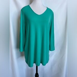 Susan Graver Liquid Knit Teal V-Neck Top with Band Split 3/4 Sleeves Size Small